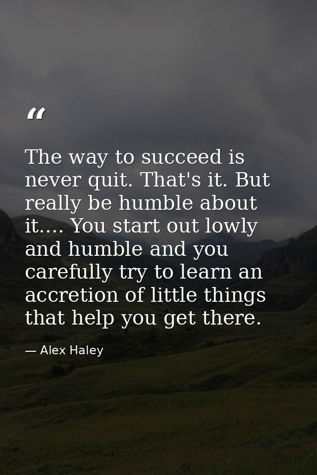 The way to succeed is never quit. That's it. But really be humble about it.... You start out lowly and humble and you ca — Alex Haley