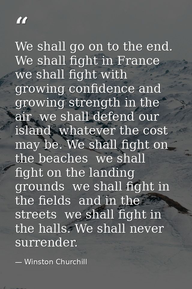 We shall go on to the end. We shall fight in France  we shall fight with growing confidence and growing strength in the  — Winston Churchill