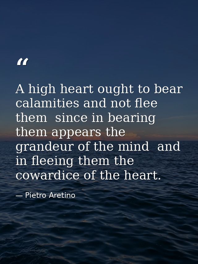 A high heart ought to bear calamities and not flee them  since in bearing them appears the grandeur of the mind  and in  — Pietro Aretino