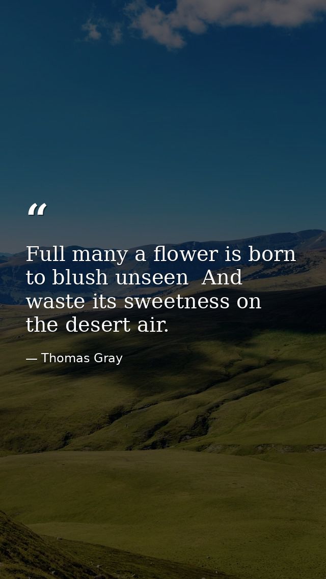 Full many a flower is born to blush unseen  And waste its sweetness on the desert air. — Thomas Gray