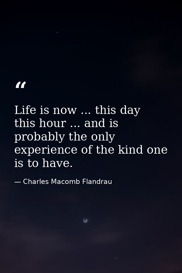 Life is now ... this day  this hour ... and is probably the only experience of the kind one is to have. — Charles Macomb Flandrau
