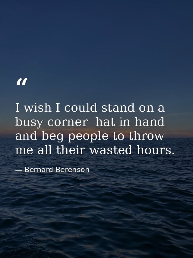 I wish I could stand on a busy corner  hat in hand  and beg people to throw me all their wasted hours. — Bernard Berenson