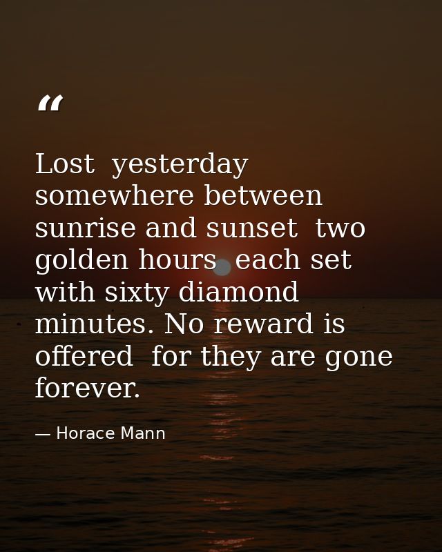 Lost  yesterday  somewhere between sunrise and sunset  two golden hours  each set with sixty diamond minutes. No reward  — Horace Mann