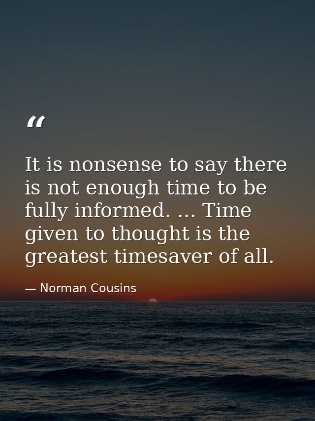 It is nonsense to say there is not enough time to be fully informed. ... Time given to thought is the greatest timesaver — Norman Cousins
