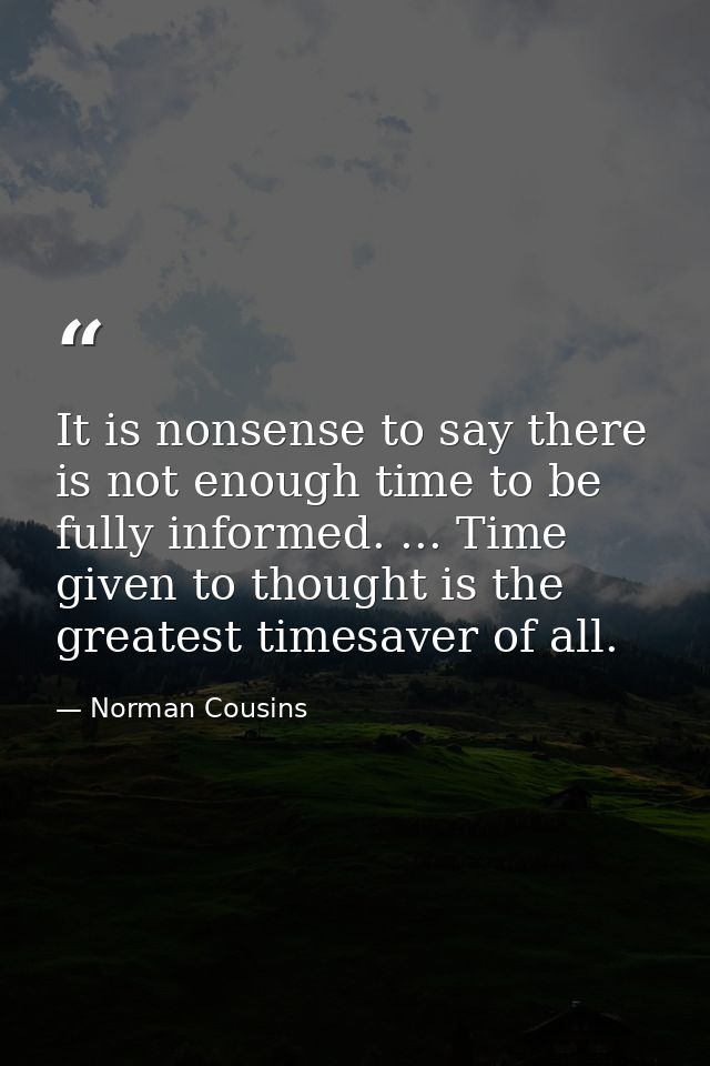 It is nonsense to say there is not enough time to be fully informed. ... Time given to thought is the greatest timesaver — Norman Cousins