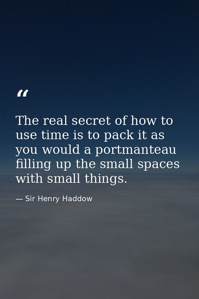 The real secret of how to use time is to pack it as you would a portmanteau  filling up the small spaces with small thin — Sir Henry Haddow