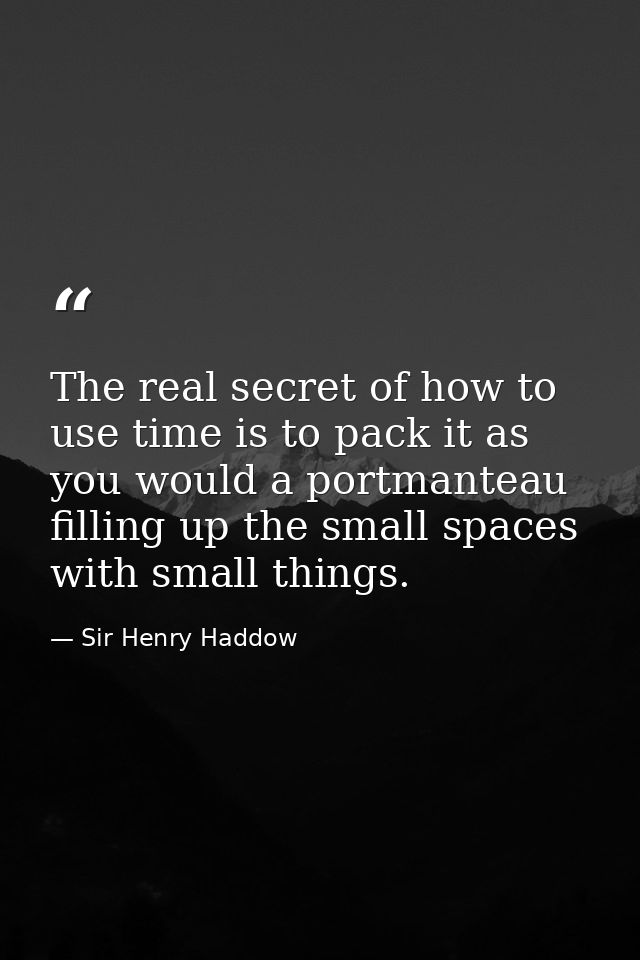 The real secret of how to use time is to pack it as you would a portmanteau  filling up the small spaces with small thin — Sir Henry Haddow