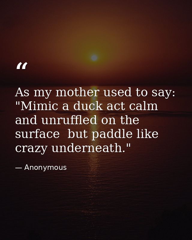 As my mother used to say: "Mimic a duck act calm and unruffled on the surface  but paddle like crazy underneath." — Anonymous