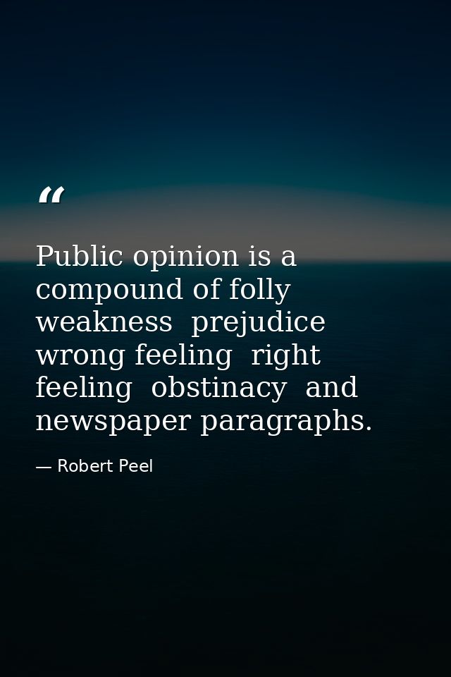 Public opinion is a compound of folly  weakness  prejudice  wrong feeling  right feeling  obstinacy  and newspaper parag — Robert Peel