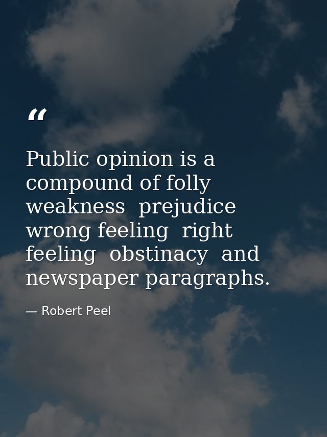 Public opinion is a compound of folly  weakness  prejudice  wrong feeling  right feeling  obstinacy  and newspaper parag — Robert Peel