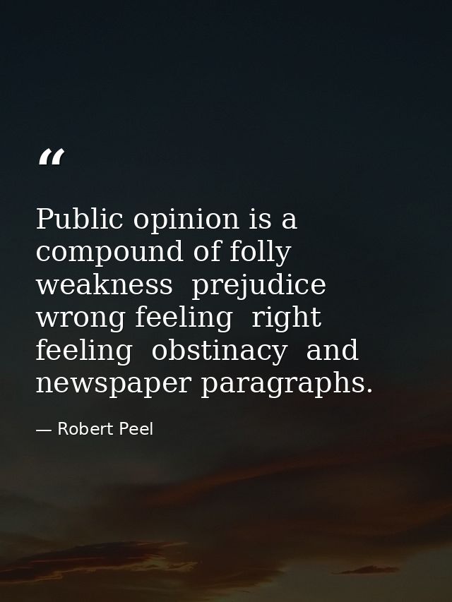 Public opinion is a compound of folly  weakness  prejudice  wrong feeling  right feeling  obstinacy  and newspaper parag — Robert Peel