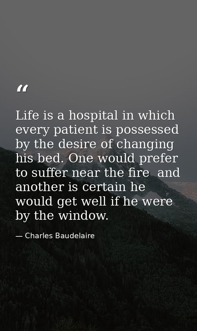 Life is a hospital in which every patient is possessed by the desire of changing his bed. One would prefer to suffer nea — Charles Baudelaire