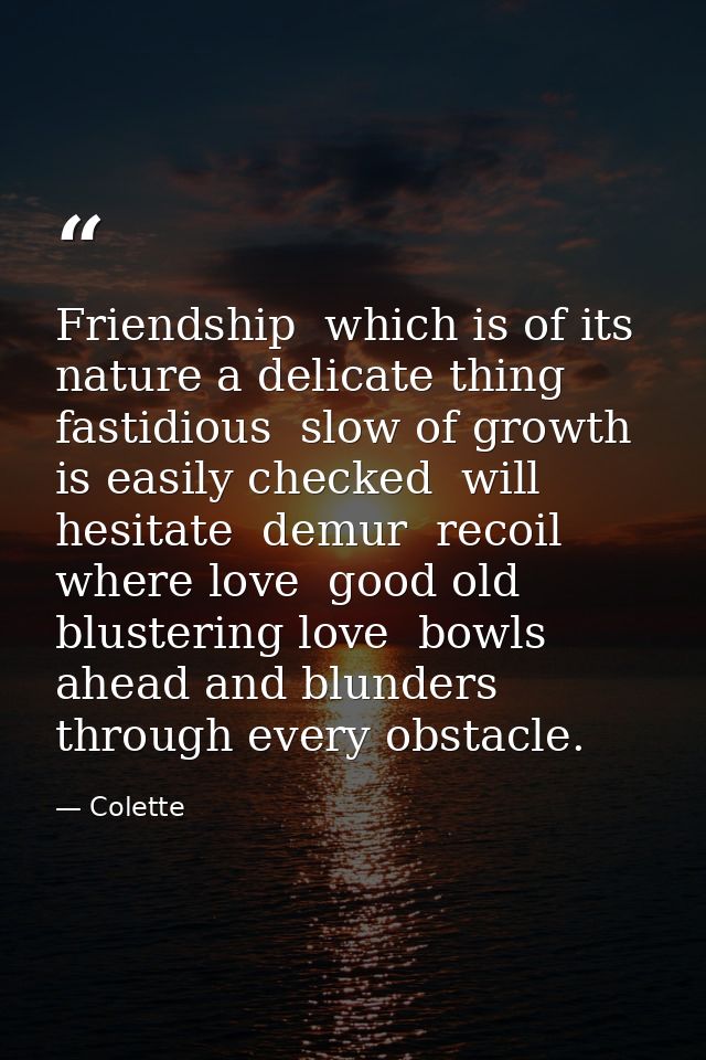 Friendship  which is of its nature a delicate thing  fastidious  slow of growth  is easily checked  will hesitate  demur — Colette