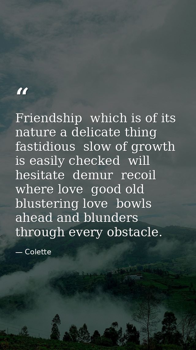 Friendship  which is of its nature a delicate thing  fastidious  slow of growth  is easily checked  will hesitate  demur — Colette
