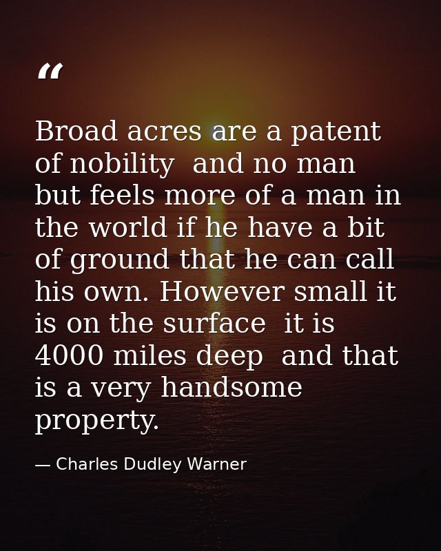 Broad acres are a patent of nobility  and no man but feels more of a man in the world if he have a bit of ground that he — Charles Dudley Warner