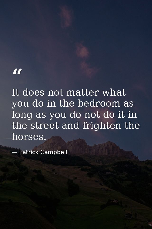It does not matter what you do in the bedroom as long as you do not do it in the street and frighten the horses. — Patrick Campbell