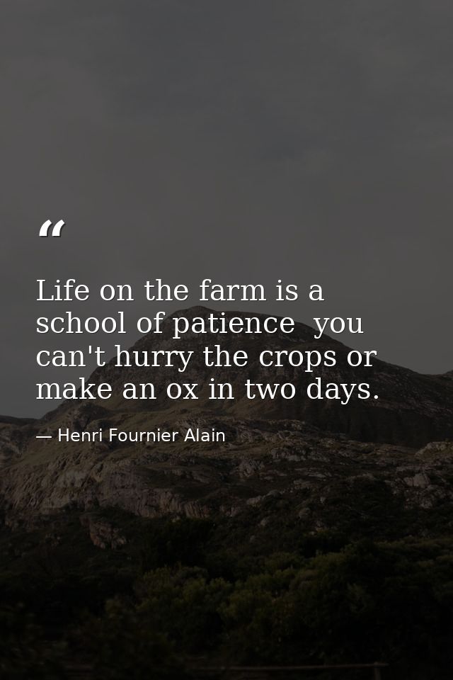 Life on the farm is a school of patience  you can't hurry the crops or make an ox in two days. — Henri Fournier Alain