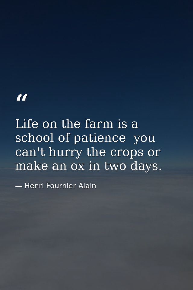 Life on the farm is a school of patience  you can't hurry the crops or make an ox in two days. — Henri Fournier Alain
