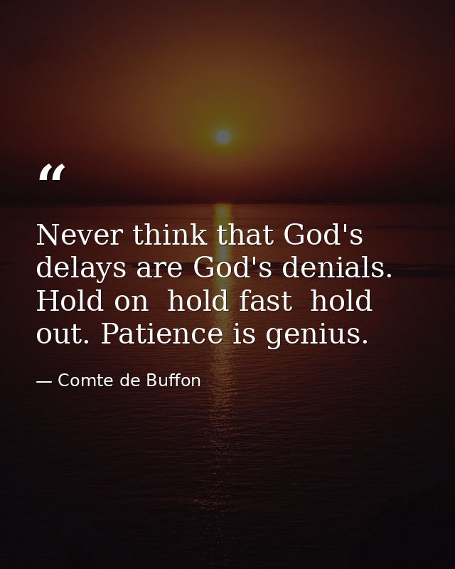 Never think that God's delays are God's denials. Hold on  hold fast  hold out. Patience is genius. — Comte de Buffon