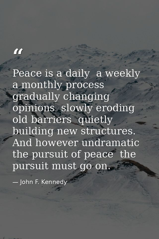 Peace is a daily  a weekly  a monthly process  gradually changing opinions  slowly eroding old barriers  quietly buildin — John F. Kennedy