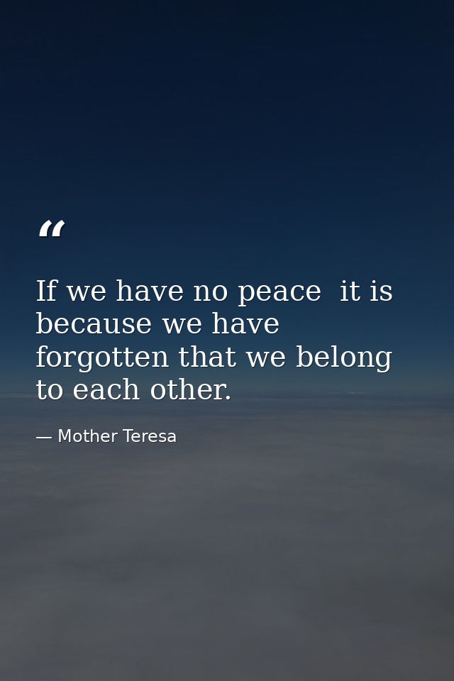 If we have no peace  it is because we have forgotten that we belong to each other. — Mother Teresa