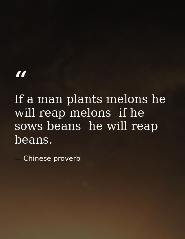 If a man plants melons he will reap melons  if he sows beans  he will reap beans. — Chinese proverb
