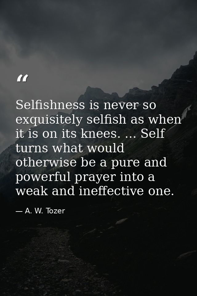 Selfishness is never so exquisitely selfish as when it is on its knees. ... Self turns what would otherwise be a pure an — A. W. Tozer