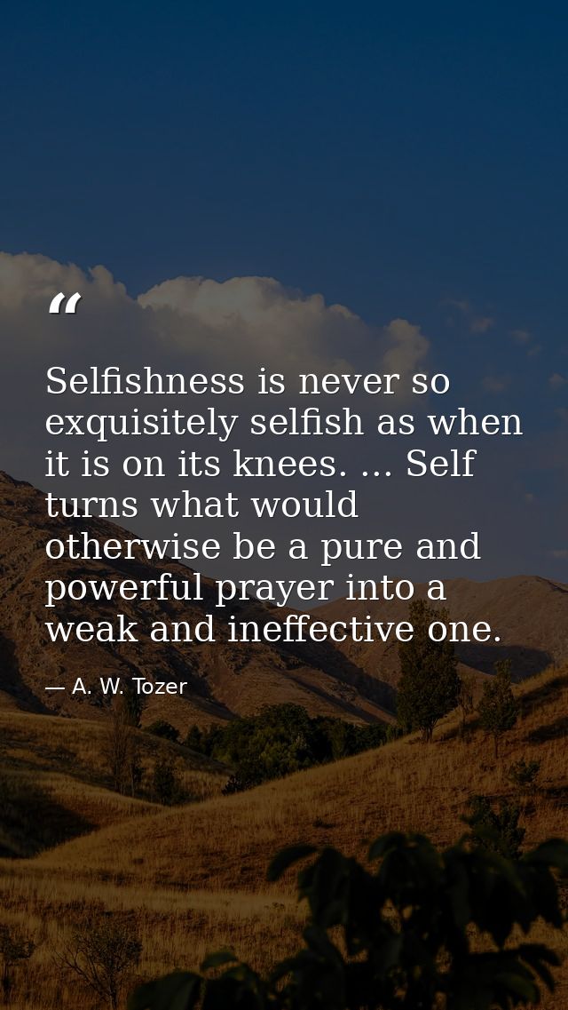 Selfishness is never so exquisitely selfish as when it is on its knees. ... Self turns what would otherwise be a pure an — A. W. Tozer