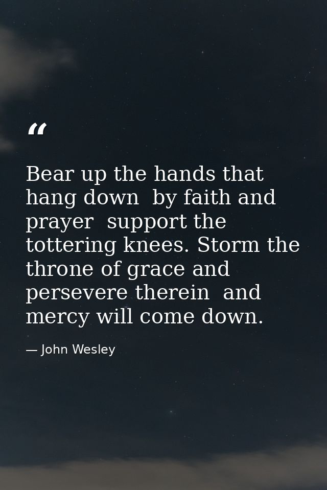 Bear up the hands that hang down  by faith and prayer  support the tottering knees. Storm the throne of grace and persev — John Wesley
