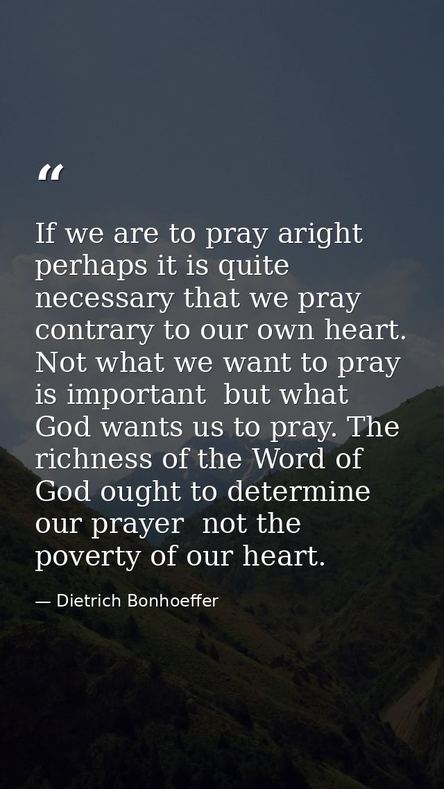 If we are to pray aright  perhaps it is quite necessary that we pray contrary to our own heart. Not what we want to pray — Dietrich Bonhoeffer