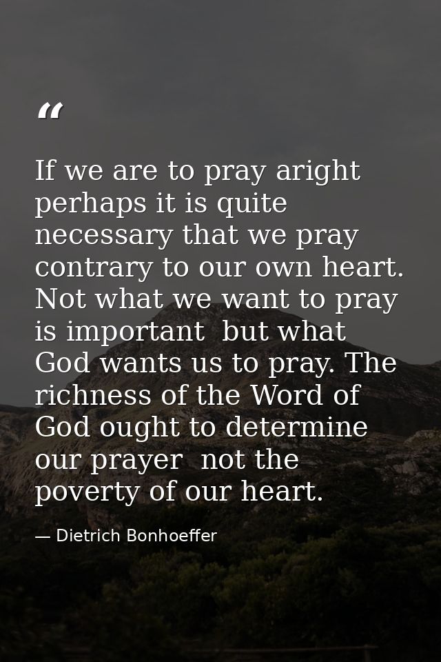 If we are to pray aright  perhaps it is quite necessary that we pray contrary to our own heart. Not what we want to pray — Dietrich Bonhoeffer