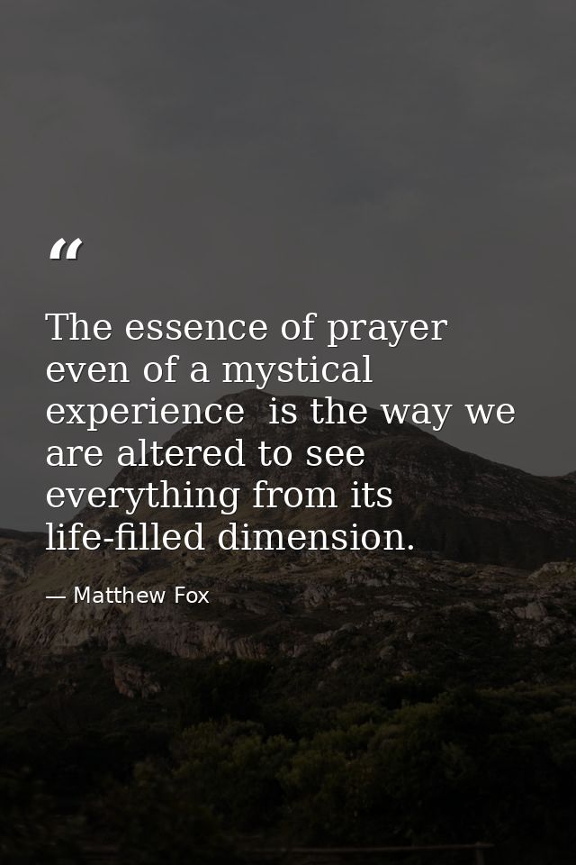 The essence of prayer  even of a mystical experience  is the way we are altered to see everything from its life-filled d — Matthew Fox