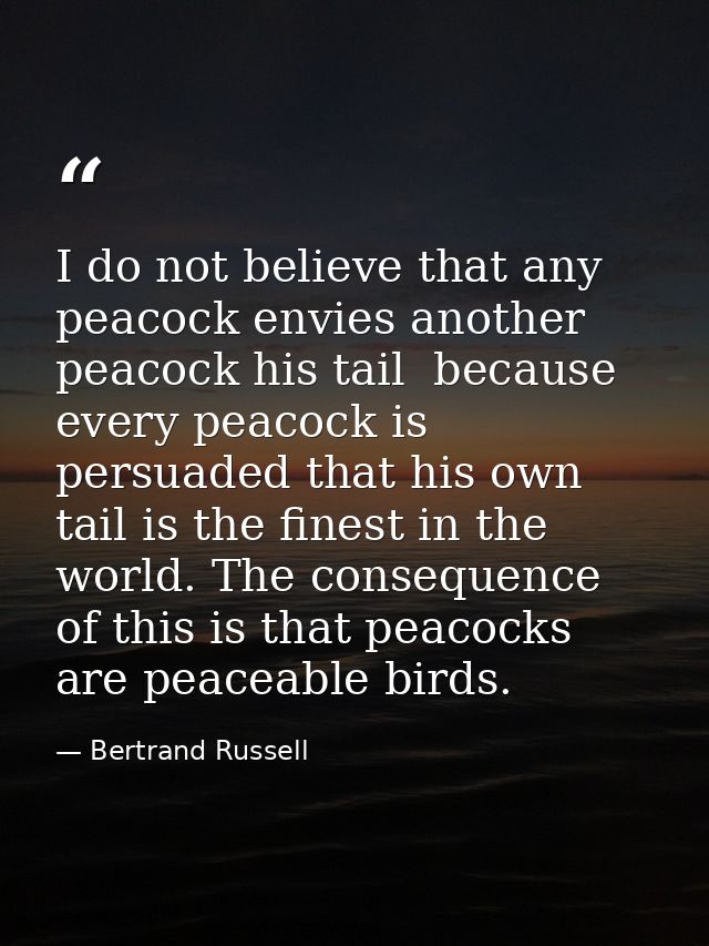 I do not believe that any peacock envies another peacock his tail  because every peacock is persuaded that his own tail  — Bertrand Russell