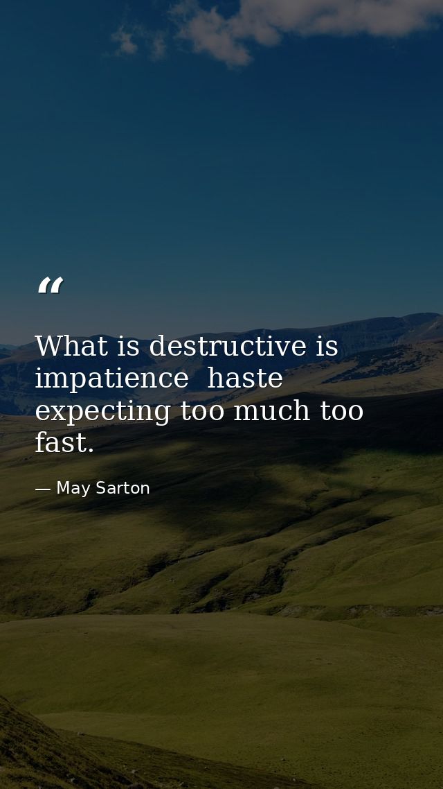 What is destructive is impatience  haste  expecting too much too fast. — May Sarton