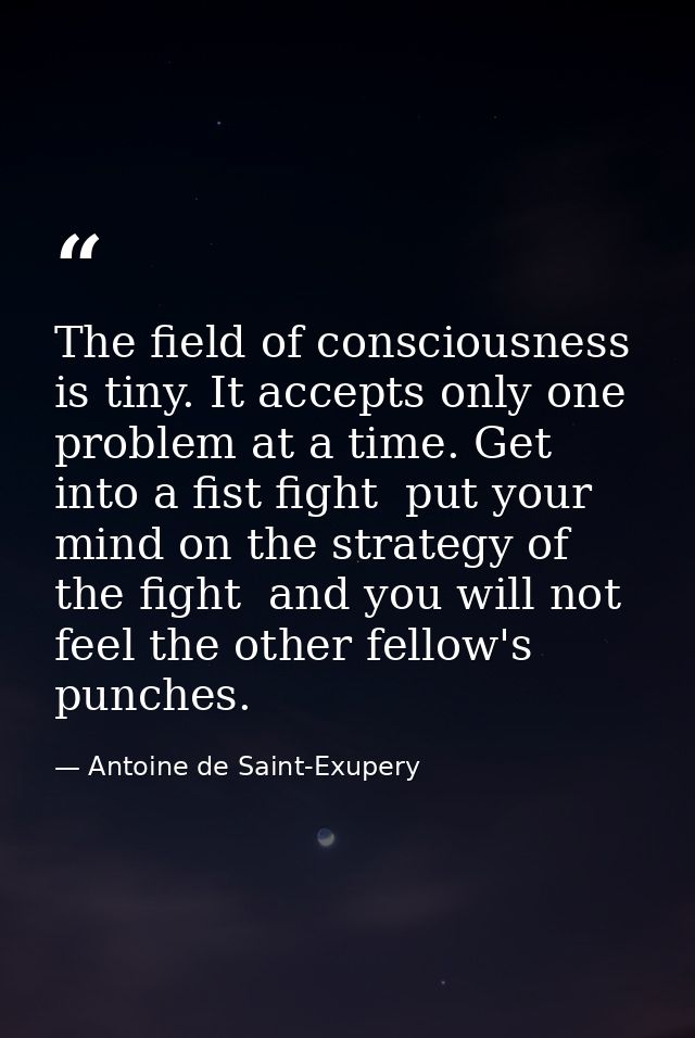 The field of consciousness is tiny. It accepts only one problem at a time. Get into a fist fight  put your mind on the s — Antoine de Saint-Exupery