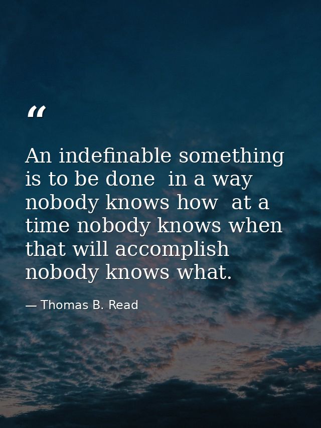 An indefinable something is to be done  in a way nobody knows how  at a time nobody knows when  that will accomplish nob — Thomas B. Read