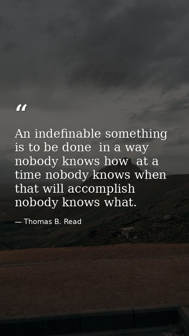 An indefinable something is to be done  in a way nobody knows how  at a time nobody knows when  that will accomplish nob — Thomas B. Read
