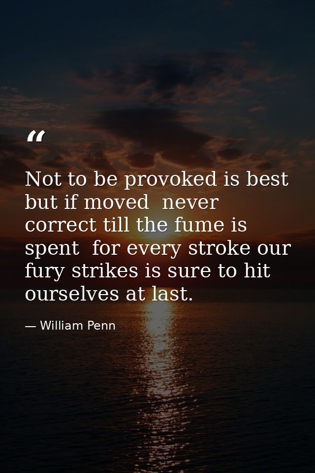 Not to be provoked is best  but if moved  never correct till the fume is spent  for every stroke our fury strikes is sur — William Penn