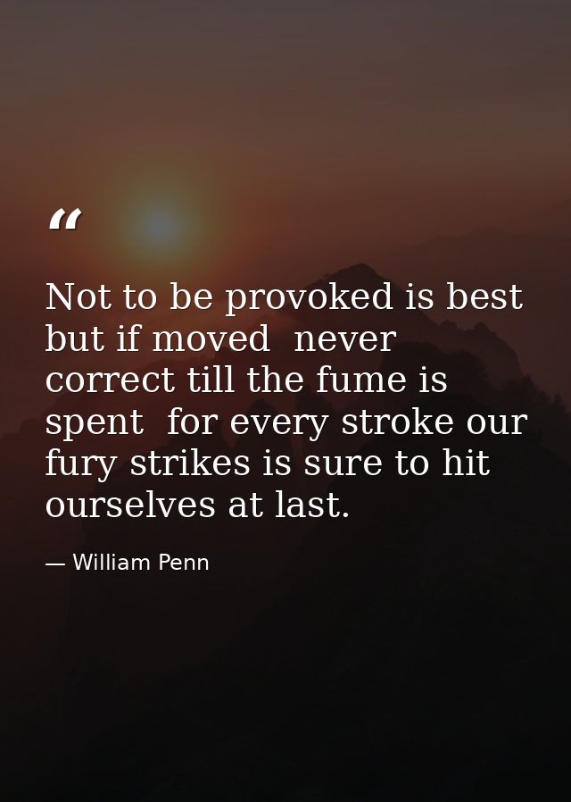 Not to be provoked is best  but if moved  never correct till the fume is spent  for every stroke our fury strikes is sur — William Penn