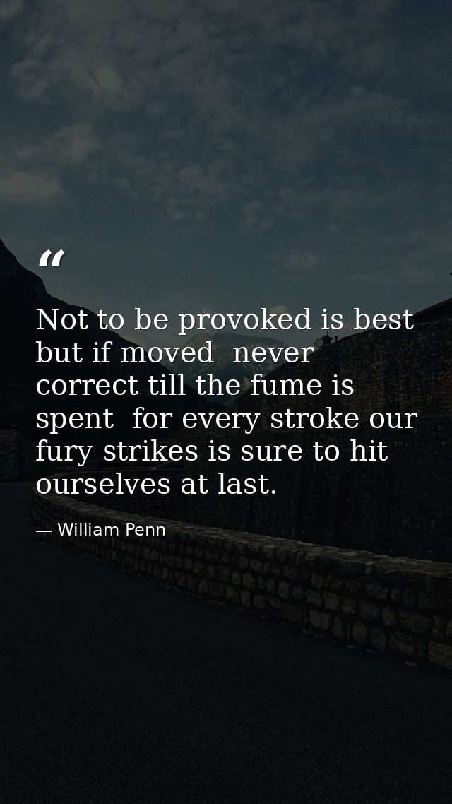 Not to be provoked is best  but if moved  never correct till the fume is spent  for every stroke our fury strikes is sur — William Penn