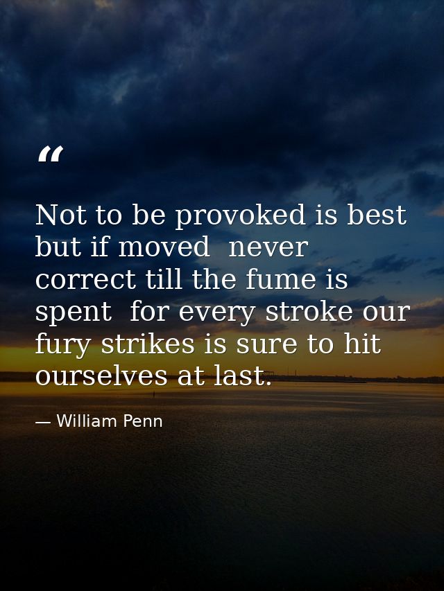 Not to be provoked is best  but if moved  never correct till the fume is spent  for every stroke our fury strikes is sur — William Penn