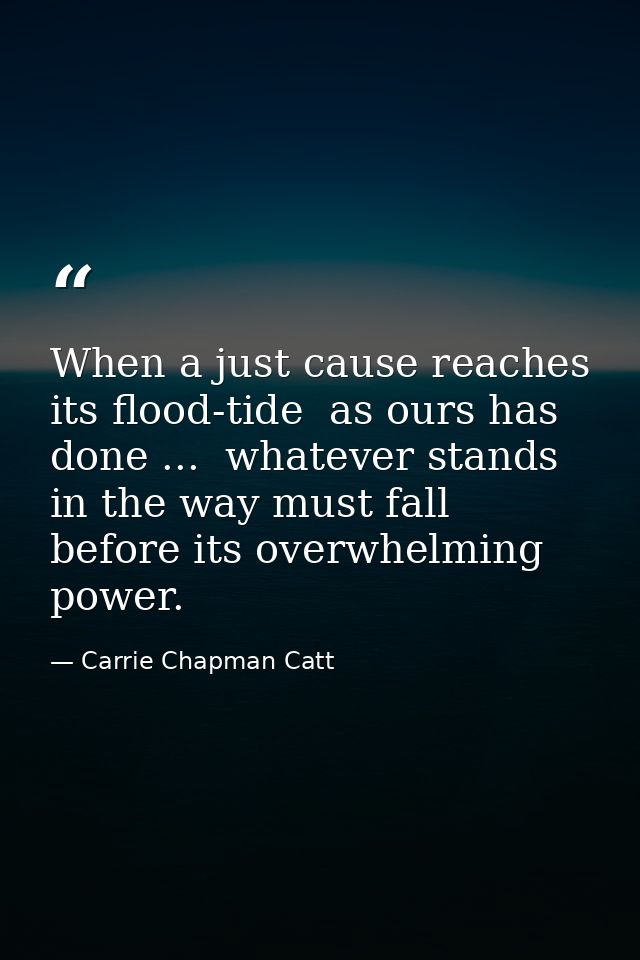 When a just cause reaches its flood-tide  as ours has done ...  whatever stands in the way must fall before its overwhel — Carrie Chapman Catt