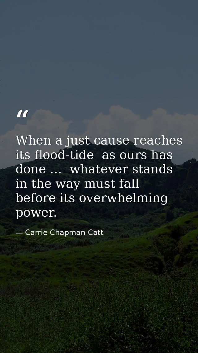 When a just cause reaches its flood-tide  as ours has done ...  whatever stands in the way must fall before its overwhel — Carrie Chapman Catt