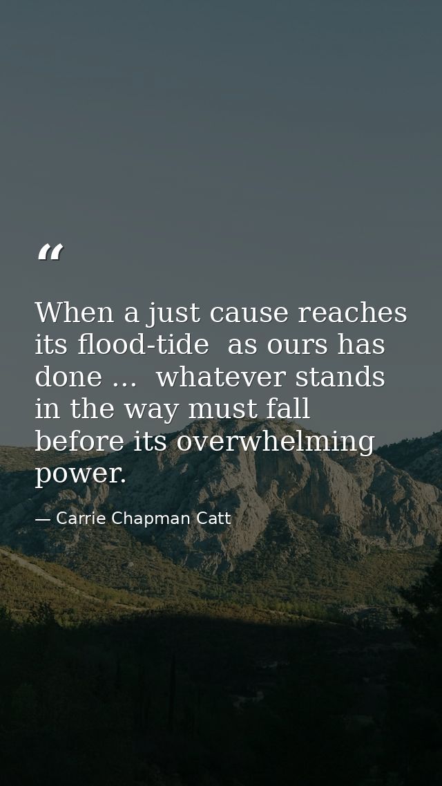 When a just cause reaches its flood-tide  as ours has done ...  whatever stands in the way must fall before its overwhel — Carrie Chapman Catt