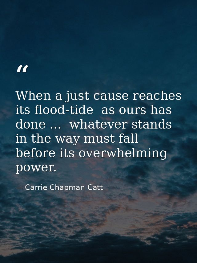 When a just cause reaches its flood-tide  as ours has done ...  whatever stands in the way must fall before its overwhel — Carrie Chapman Catt