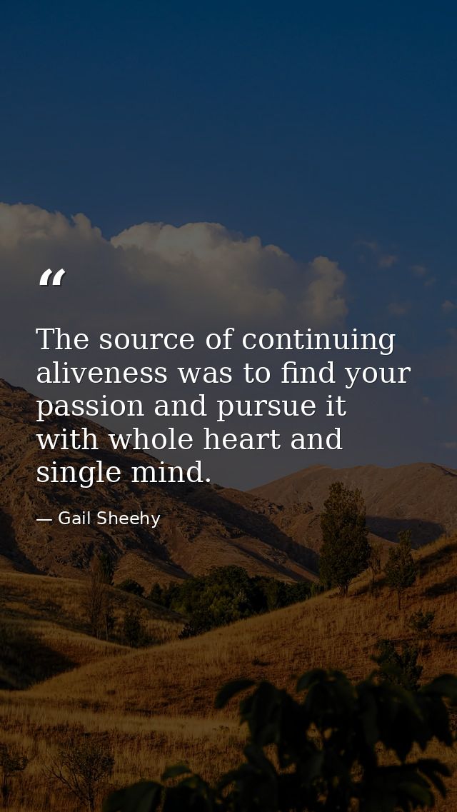 The source of continuing aliveness was to find your passion and pursue it  with whole heart and single mind. — Gail Sheehy
