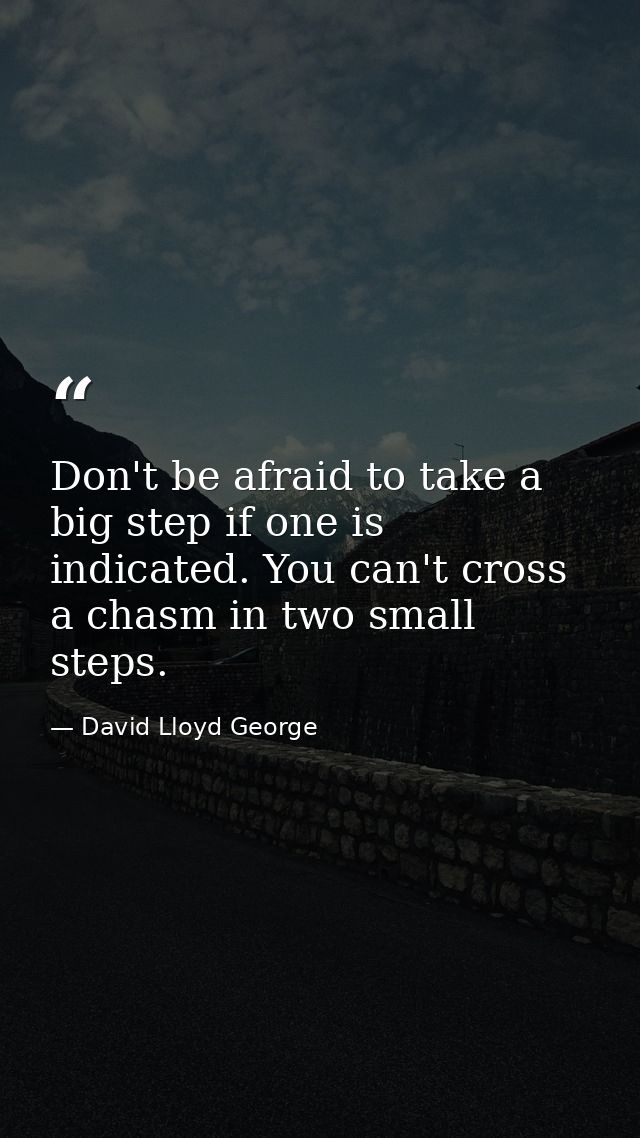 Don't be afraid to take a big step if one is indicated. You can't cross a chasm in two small steps. — David Lloyd George