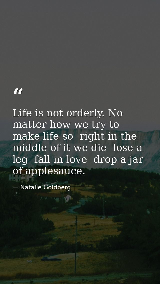 Life is not orderly. No matter how we try to make life so  right in the middle of it we die  lose a leg  fall in love  d — Natalie Goldberg