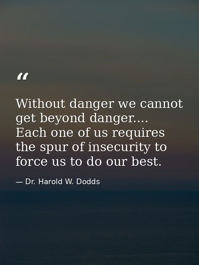 Without danger we cannot get beyond danger.... Each one of us requires the spur of insecurity to force us to do our best — Dr. Harold W. Dodds