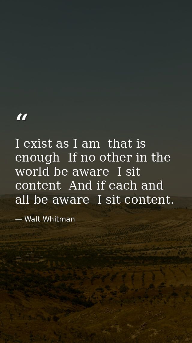 I exist as I am  that is enough  If no other in the world be aware  I sit content  And if each and all be aware  I sit c — Walt Whitman